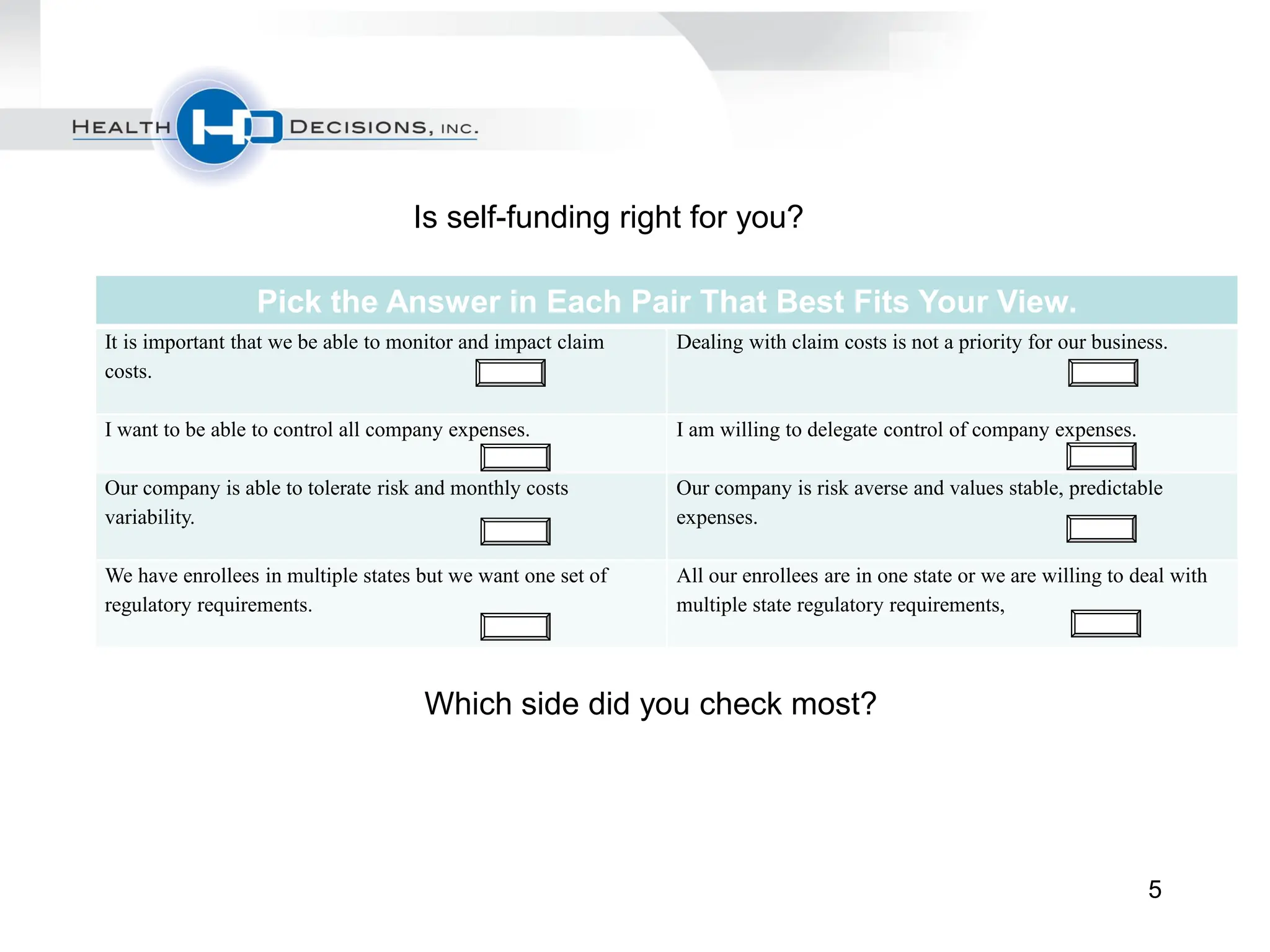 Is self-funding right for you?

                 Pick the Answer in Each Pair That Best Fits Your View.
It is important that we be able to monitor and impact claim   Dealing with claim costs is not a priority for our business.
costs.

I want to be able to control all company expenses.            I am willing to delegate control of company expenses.

Our company is able to tolerate risk and monthly costs        Our company is risk averse and values stable, predictable
variability.                                                  expenses.

We have enrollees in multiple states but we want one set of   All our enrollees are in one state or we are willing to deal with
regulatory requirements.                                      multiple state regulatory requirements,



                                     Which side did you check most?




                                                                                                                       5
 