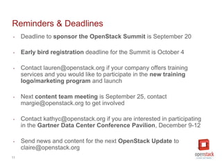 11
Reminders & Deadlines
‣ Deadline to sponsor the OpenStack Summit is September 20
‣ Early bird registration deadline for...