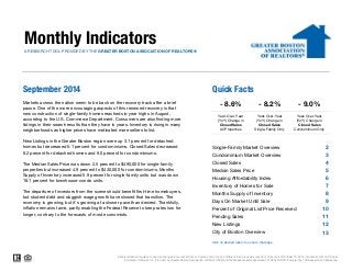 Monthly Indicators 
A RESEARCH TOOL PROVIDED BY THE GREATER BOSTON ASSOCIATION OF REALTORS® 
September 2014 Quick Facts 
- 8.2% 
Year-Over-Year 
(YoY) Change in 
Closed Sales 
Single-Family Only 
Markets across the nation seem to be back on the recovery track after a brief 
pause. One of the more encouraging aspects of this renewed recovery is that 
new construction of single-family homes reached six-year highs in August, 
according to the U.S. Commerce Department. Consumers are also finding more 
listings in their search results than they have in years. Inventory is rising in many 
neighborhoods as higher prices have motivated more sellers to list. 
- 9.0% 
Year-Over-Year 
(YoY) Change in 
Closed Sales 
Condominium Only 
- 8.6% 
Year-Over-Year 
(YoY) Change in 
Closed Sales 
All Properties 
2 
3 
4 
5 
6 
7 
8 
9 
10 
11 
12 
13 
New Listings in the Greater Boston region were up 3.1 percent for detached 
homes but decreased 5.1 percent for condominiums. Closed Sales decreased 
8.2 percent for detached homes and 9.0 percent for condominiums. 
The Median Sales Price was down 2.5 percent to $490,000 for single-family 
properties but increased 4.9 percent to $430,000 for condominiums. Months 
Supply of Inventory increased 5.9 percent for single-family units but was down 
18.1 percent for townhouse-condo units. 
The departure of investors from the scene should benefit first-time homebuyers, 
but student debt and sluggish wage growth have slowed that transition. The 
economy is growing, but it's growing at a slower pace than desired. Thankfully, 
inflation remains tame, partly enabling the Federal Reserve to keep rates low for 
longer, contrary to the forecasts of most economists. 
Single-Family Market Overview 
Condominium Market Overview 
Closed Sales 
Median Sales Price 
Housing Affordability Index 
Inventory of Homes for Sale 
Months Supply of Inventory 
Days On Market Until Sale 
Percent of Original List Price Received 
Pending Sales 
New Listings 
City of Boston Overview 
Click on desired metric to jump to that page. 
Data is refreshed regularly to capture changes in market activity so figures shown may be different than previously reported. Current as of October 16, 2014. All data from MLS Property 
Information Network, Inc. Provided by Greater Boston Association of REALTORS® and the Massachusetts Association of REALTORS®. Powered by 10K Research and Marketing. 
 