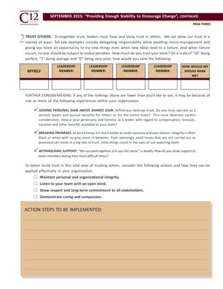 SEPTEMBER 2015: “Providing Enough Stability to Encourage Change”, CONTINUED
PAGETHREE
MYSELF
LEADERSHIP
MEMBER:
NAME
LEADERSHIP
MEMBER:
NAME
LEADERSHIP
MEMBER:
NAME
LEADERSHIP
MEMBER:
NAME
HOW WOULD MY
SPOUSE RANK
ME?
TRUST OTHERS. To engender trust, leaders must have and show trust in others. We can show our trust in a
myriad of ways. Tell tale examples include delegating responsibility while avoiding micro-management and
giving our team an opportunity to try new things even when new ideas lead to a failure. And when failure
occurs, no one should be subject to undue penalties. How much do you trust your team? On a scale of “10” being
perfect, “5” being average and “0” being very poor, how would you rank the following:
FURTHER CONSIDERATIONS: If any of the rankings above are lower than you’d like to see, it may be because of
one or more of the following experiences within your organization.
SEEKING PERSONAL GAIN ABOVE SHARED GAIN. Selfishness destroys trust. Do you truly operate as a
servant leader and pursue benefits for others or for the entire team? This issue deserves careful
consideration. How is your generosity and fairness as a leader with regard to compensation, bonuses,
vacation and other benefits available to your team?
BREAKING PROMISES. As we all know, it is much better to under-promise and over-deliver. Integrity is often
black or white with no gray areas in between. Even seemingly small issues that are not carried out as
promised can result in a big loss of trust. Little things count in the eyes of our watching team.
WITHHOLDING SUPPORT. “We succeed together, but you fail alone” is deadly. How do you show support to
team members during their most difficult times?
ACTION STEPS TO BE IMPLEMENTED:



2
To better build trust in this vital area of trusting others, consider the following actions and how they can be
applied effectively in your organization.


 Maintain personal and organizational integrity.
Listen to your team with an open mind.
Show respect and long-term commitment to all stakeholders.
Demonstrate caring and compassion.
 