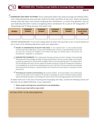 ACTION STEPS TO BE IMPLEMENTED:
SEPTEMBER 2015: “Providing Enough Stability to Encourage Change”, CONTINUED
PAGE SIX
5
MYSELF
LEADERSHIP
MEMBER:
NAME
LEADERSHIP
MEMBER:
NAME
LEADERSHIP
MEMBER:
NAME
LEADERSHIP
MEMBER:
NAME
HOW WOULD MY
SPOUSE RANK
ME?
GENEROUSLY GIVE CREDIT TO OTHERS. Trust is enhanced by leaders who wisely encourage and celebrate others,
and is easily destroyed by those who take credit for the ideas and efforts of their team. Openly and properly
sharing credit with others and sincerely recognizing their contributions is a terrific trust generator. How are
your leadership skills when it comes to recognizing others contributions? On a scale of “10” being perfect, “5”
being average and “0” being very poor, how would I rank:
FAILING TO ACKNOWLEDGE OR ACCEPT NEW IDEAS. A “not invented here” or close-minded attitude
communicates distrusting others. Do you ask for feedback then criticize or rationalize what you hear? Do
you even ask, sincerely, for feedback at all? When new ideas are offered, what is the process for
consideration, recognition or acceptance?
DISRESPECTING TEAMMATES. This is expressed in the ways we treat our team in all ways: In the seemingly
littlethings and in the privileges we allow ourselves but deny them. Are you a servant leader in the manner
in which you approach all of the benefits available? Who has the best parking space? The largest office?
The most flexible work hours? Do you respect the people around you in how you manage your schedule or
is it acceptable for you to be late to meetings because “you’re the boss”? Do you easily interrupt meetings
and conversations by taking an “important phone call”? How do you show respect or disrespect to those
around you?
Pretending we’re perfect and all-knowing. We all make mistakes. As servant leaders, do we allow those
around us to be aware of our mistakes or do we hide or rationalize our actions? Authentic leaders publicly
repent and lead by example in truth-telling, even when ithurts! This encourages growth in the entire team.


FURTHER CONSIDERATIONS: If any of the ranking above are lower than you’d like to see, it may be because of
one or more of the following experiences within your organization.
To better build trust in the area of receiving and encouraging new ideas, consider the following actions and
how they can be applied effectively in your organization.


 Show respect and long-term commitment to all stakeholders.
Listen to your team with an open mind.
 