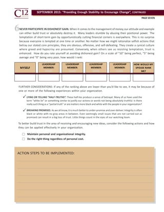 ACTION STEPS TO BE IMPLEMENTED:
SEPTEMBER 2015: “Providing Enough Stability to Encourage Change”, CONTINUED
PAGE SEVEN
6NEVER PARTICIPATE IN DISHONEST GAIN. When it comes to the management of money, our attitude and example
can either build trust or absolutely destroy it. Many leaders stumble by abusing their positional power. The
temptation of short-term gain by opportunistically cutting financial corners is everywhere. This is no surprise
because everyone is tempted at one time or another. No matter how we might rationalize selfish actions that
betray our stated core principles, they are obvious, offensive, and self-defeating. They create a cynical culture
where greed and hypocrisy are presumed. Conversely, when others see us resisting temptation, trust is
enhanced. How do you rate yourself at avoiding dishonest gain? On a scale of “10” being perfect, “5” being
average and “0” being very poor, how would I rank:
MYSELF
LEADERSHIP
MEMBER:
NAME
LEADERSHIP
MEMBER:
NAME
LEADERSHIP
MEMBER:
NAME
LEADERSHIP
MEMBER:
NAME
HOW WOULD MY
SPOUSE RANK
ME?
FURTHER CONSIDERATIONS: If any of the ranking above are lower than you’d like to see, it may be because of
one or more of the following experiences within your organization.
To better build trust in the area of receiving and encouraging new ideas, consider the following actions and how
they can be applied effectively in your organization.
LYING OR TELLING “HALF-TRUTHS”. These half-lies produce a sense of betrayal. Many of us have used the
term “white lie” or something similar to justify our actions or words not being absolutely truthful. Is there
really such thing as a “partial truth” or are matters more black and white with the people in your organization?
BREAKING PROMISES. As we all know, it is much better to under-promise and over-deliver. Integrity is often
black or white with no gray areas in between. Even seemingly small issues that are not carried out as
promised can result in a big loss of trust. Little things count in the eyes of our watching team.

 Maintain personal and organizational integrity.
Do the right thing regardless of personal cost.


 