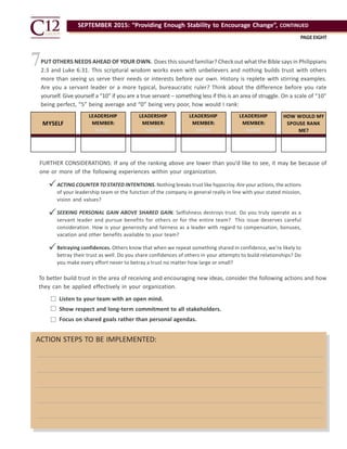 ACTION STEPS TO BE IMPLEMENTED:
SEPTEMBER 2015: “Providing Enough Stability to Encourage Change”, CONTINUED
PAGEEIGHT
7
MYSELF
LEADERSHIP
MEMBER:
NAME
LEADERSHIP
MEMBER:
NAME
LEADERSHIP
MEMBER:
NAME
LEADERSHIP
MEMBER:
NAME
HOW WOULD MY
SPOUSE RANK
ME?
PUT OTHERS NEEDS AHEAD OF YOUR OWN. Does this sound familiar? Check out what the Bible says in Philippians
2:3 and Luke 6:31. This scriptural wisdom works even with unbelievers and nothing builds trust with others
more than seeing us serve their needs or interests before our own. History is replete with stirring examples.
Are you a servant leader or a more typical, bureaucratic ruler? Think about the difference before you rate
yourself. Give yourself a “10” if you are a true servant – something less if this is an area of struggle. On a scale of “10”
being perfect, “5” being average and “0” being very poor, how would I rank:


 Listen to your team with an open mind.
Show respect and long-term commitment to all stakeholders.
Focus on shared goals rather than personal agendas.
FURTHER CONSIDERATIONS: If any of the ranking above are lower than you’d like to see, it may be because of
one or more of the following experiences within your organization.
To better build trust in the area of receiving and encouraging new ideas, consider the following actions and how
they can be applied effectively in your organization.
ACTING COUNTER TO STATED INTENTIONS. Nothing breaks trust like hypocrisy. Are your actions, the actions
of your leadership team or the function of the company in general really in line with your stated mission,
vision and values?
SEEKING PERSONAL GAIN ABOVE SHARED GAIN. Selfishness destroys trust. Do you truly operate as a
servant leader and pursue benefits for others or for the entire team? This issue deserves careful
consideration. How is your generosity and fairness as a leader with regard to compensation, bonuses,
vacation and other benefits available to your team?
Betraying confidences. Others know that when we repeat something shared in confidence, we’re likely to
betray their trust as well. Do you share confidences of others in your attempts to build relationships? Do
you make every effort never to betray a trust no matter how large or small?



 