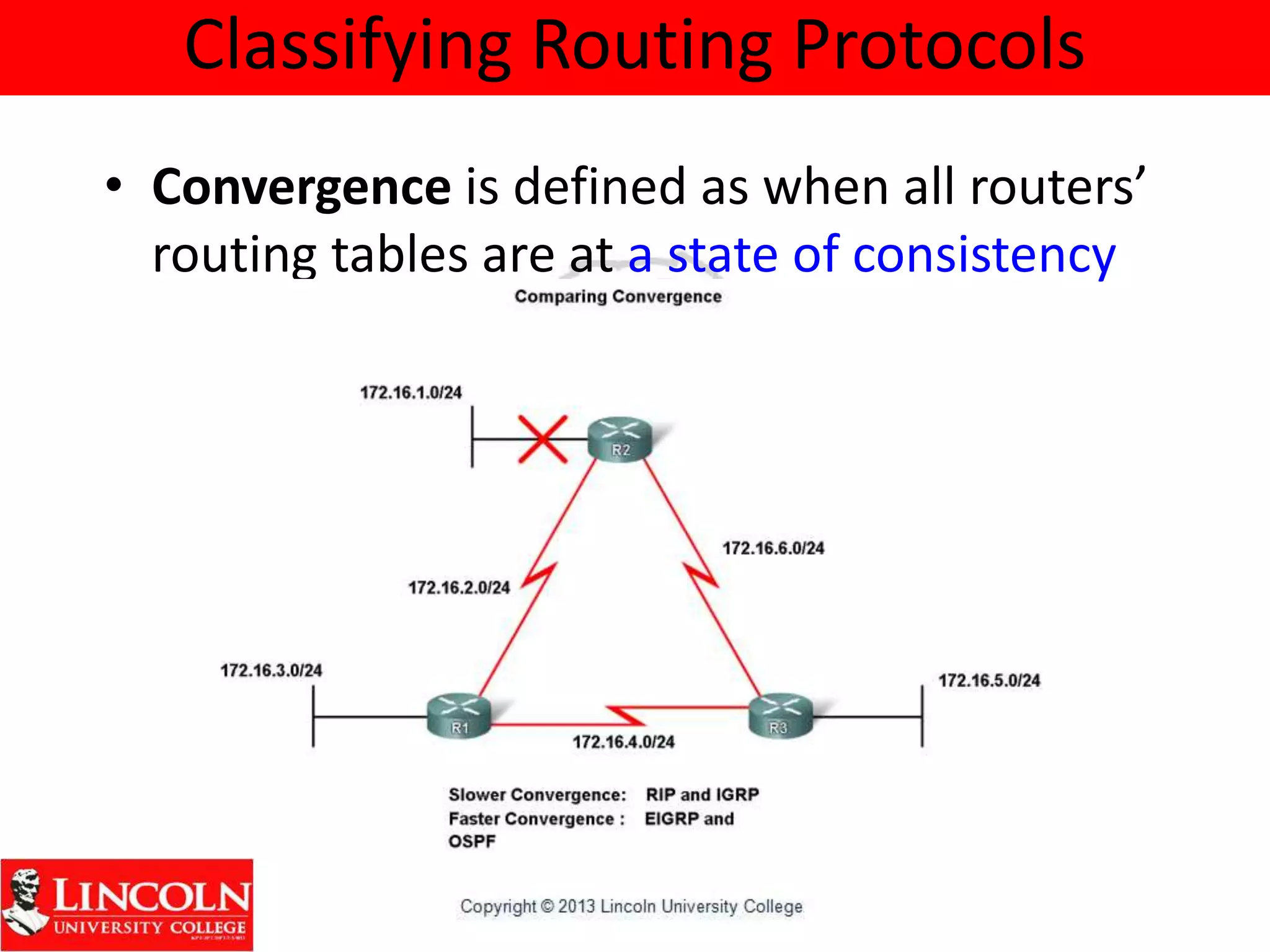 Classifying Routing Protocols
• Convergence is defined as when all routers’
routing tables are at a state of consistency
 