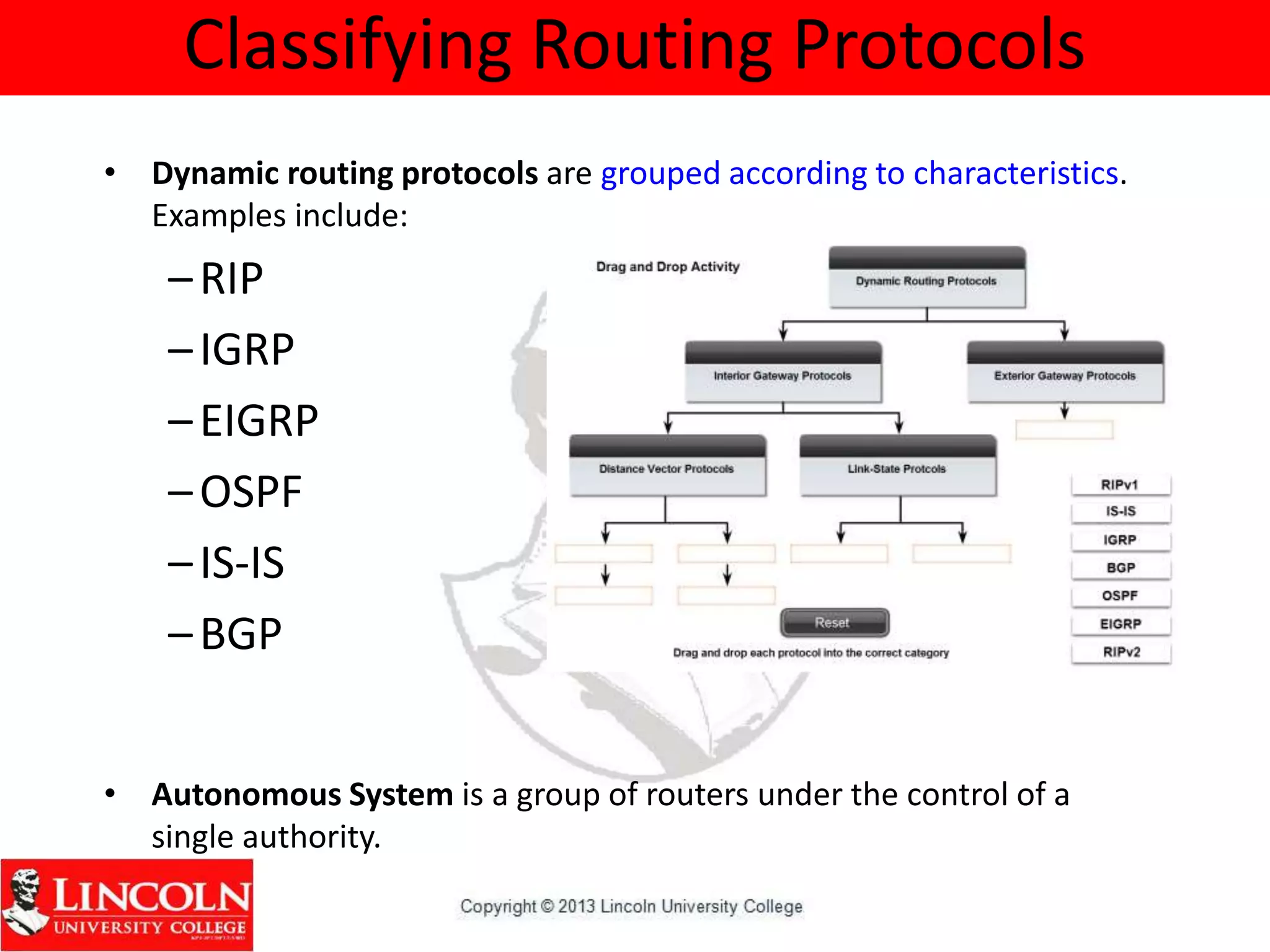 Classifying Routing Protocols
• Dynamic routing protocols are grouped according to characteristics.
Examples include:
–RIP
–IGRP
–EIGRP
–OSPF
–IS-IS
–BGP
• Autonomous System is a group of routers under the control of a
single authority.
 