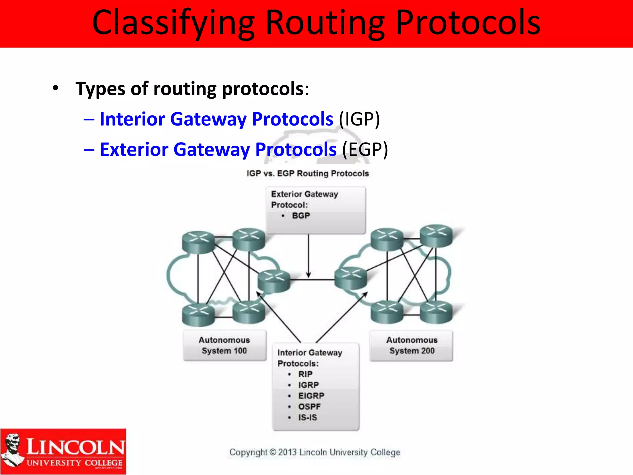 Classifying Routing Protocols
• Types of routing protocols:
– Interior Gateway Protocols (IGP)
– Exterior Gateway Protocols (EGP)
 