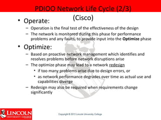 PDIOO Network Life Cycle (2/3)
(Cisco)• Operate:
– Operation is the final test of the effectiveness of the design
– The network is monitored during this phase for performance
problems and any faults, to provide input into the Optimize phase
• Optimize:
– Based on proactive network management which identifies and
resolves problems before network disruptions arise
– The optimize phase may lead to a network redesign
• if too many problems arise due to design errors, or
• as network performance degrades over time as actual use and
capabilities diverge
– Redesign may also be required when requirements change
significantly
 
