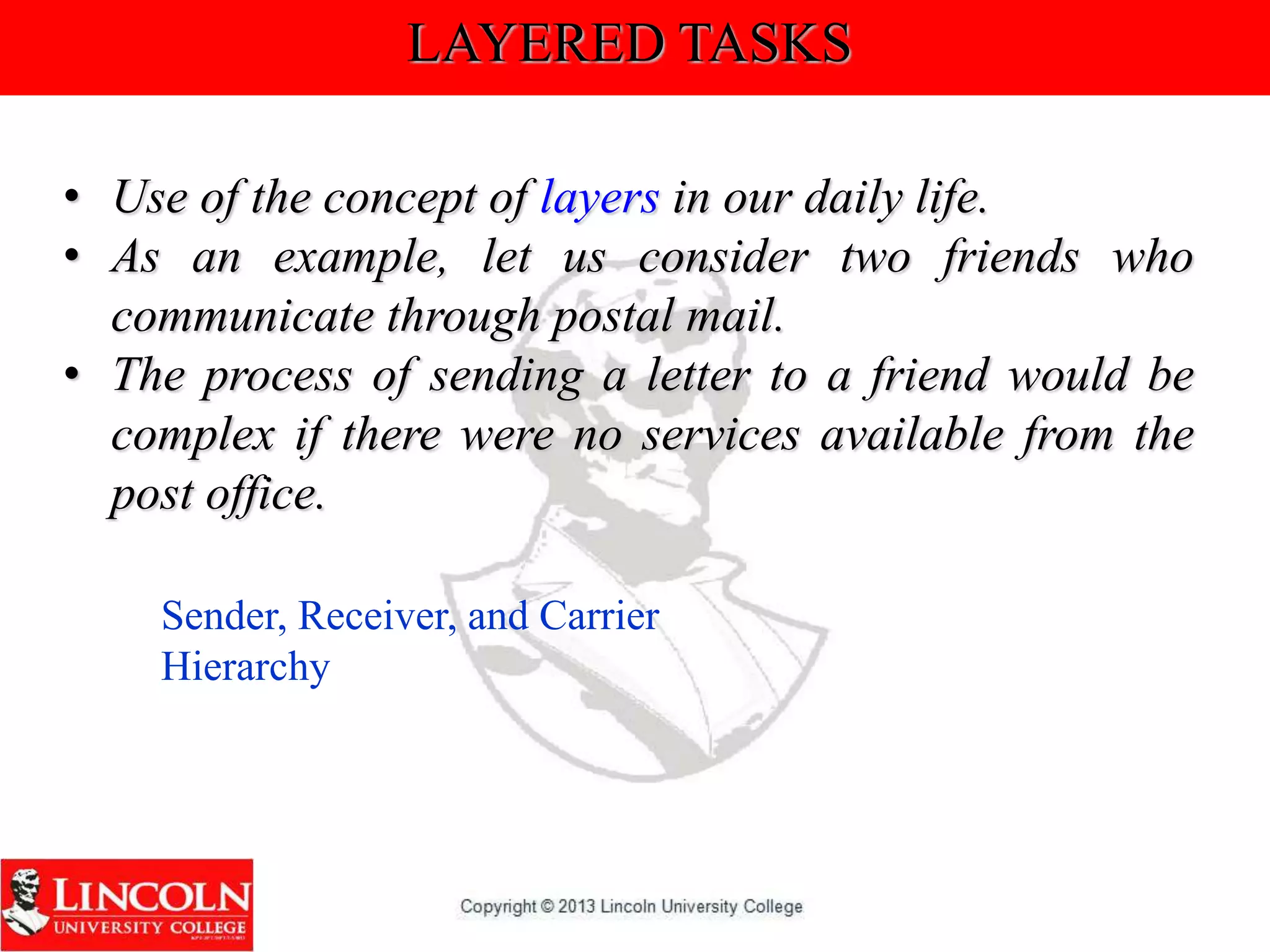 LAYERED TASKS
• Use of the concept of layers in our daily life.
• As an example, let us consider two friends who
communicate through postal mail.
• The process of sending a letter to a friend would be
complex if there were no services available from the
post office.
Sender, Receiver, and Carrier
Hierarchy
 