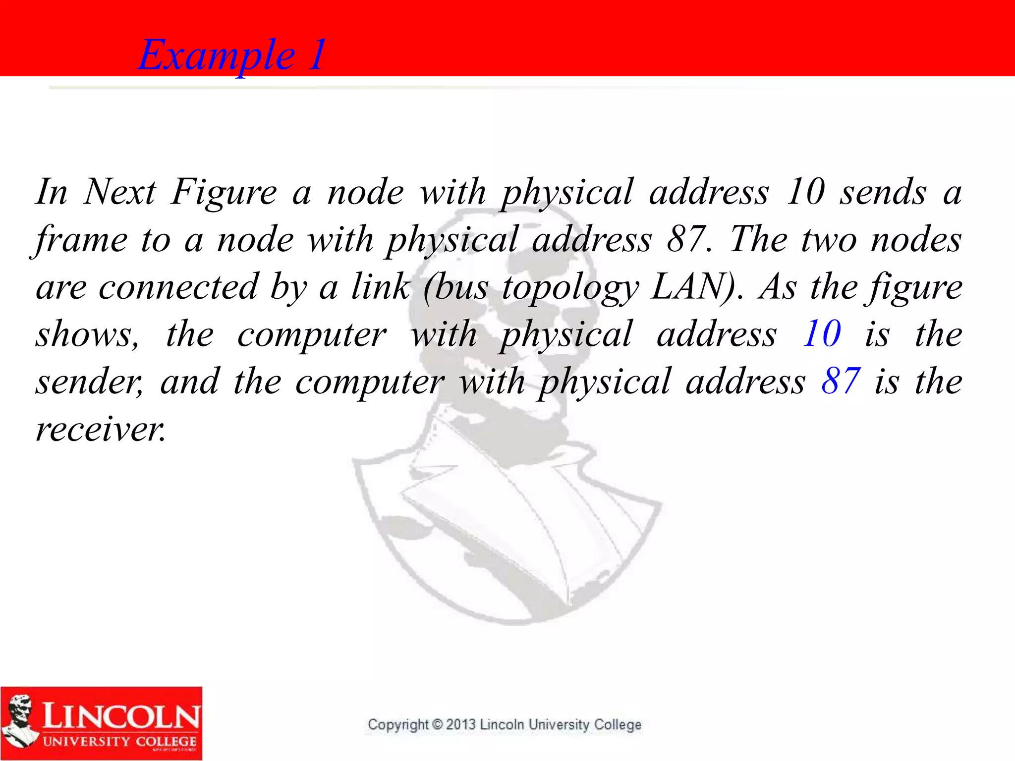In Next Figure a node with physical address 10 sends a
frame to a node with physical address 87. The two nodes
are connected by a link (bus topology LAN). As the figure
shows, the computer with physical address 10 is the
sender, and the computer with physical address 87 is the
receiver.
Example 1
 