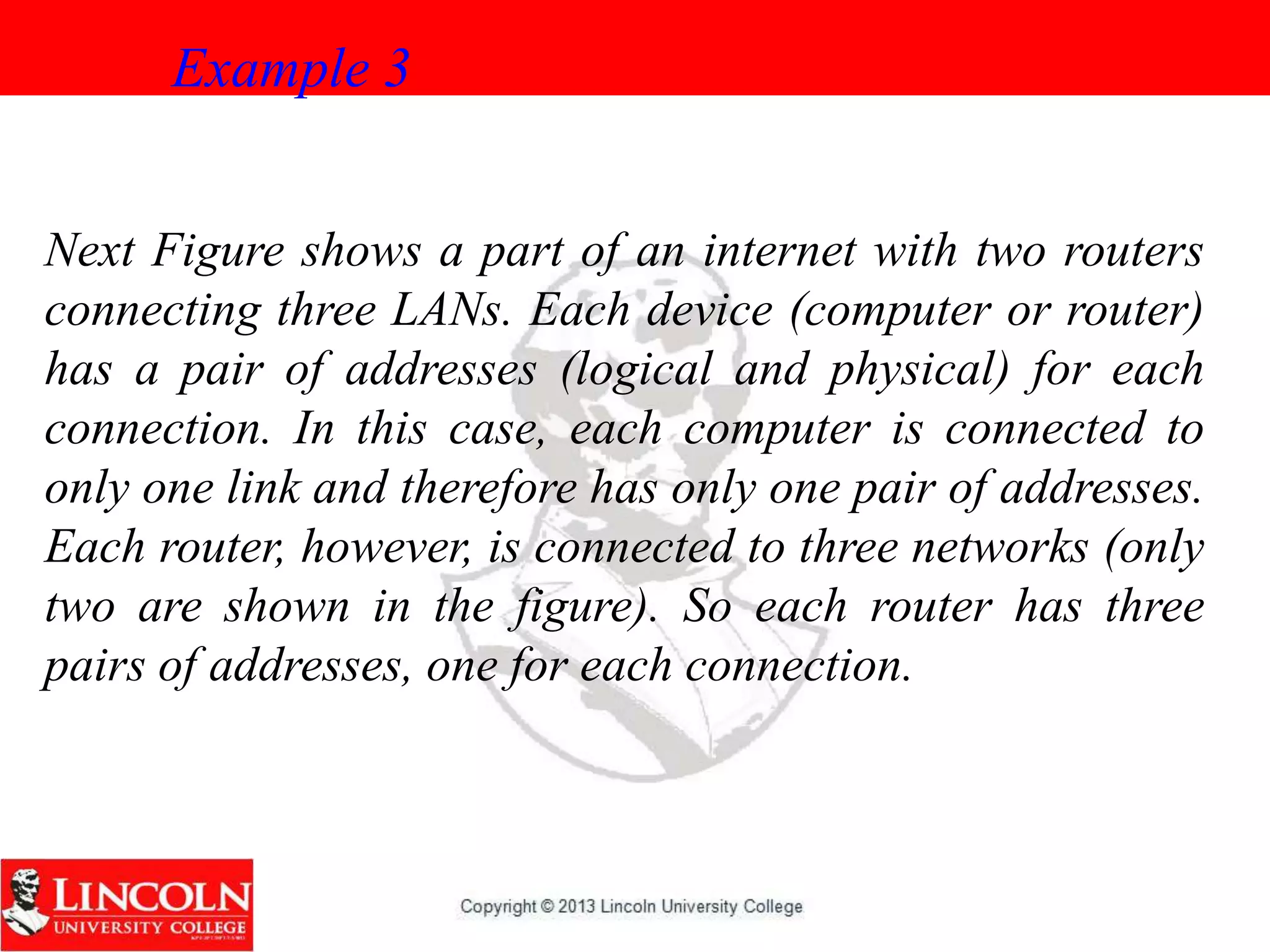 Next Figure shows a part of an internet with two routers
connecting three LANs. Each device (computer or router)
has a pair of addresses (logical and physical) for each
connection. In this case, each computer is connected to
only one link and therefore has only one pair of addresses.
Each router, however, is connected to three networks (only
two are shown in the figure). So each router has three
pairs of addresses, one for each connection.
Example 3
 
