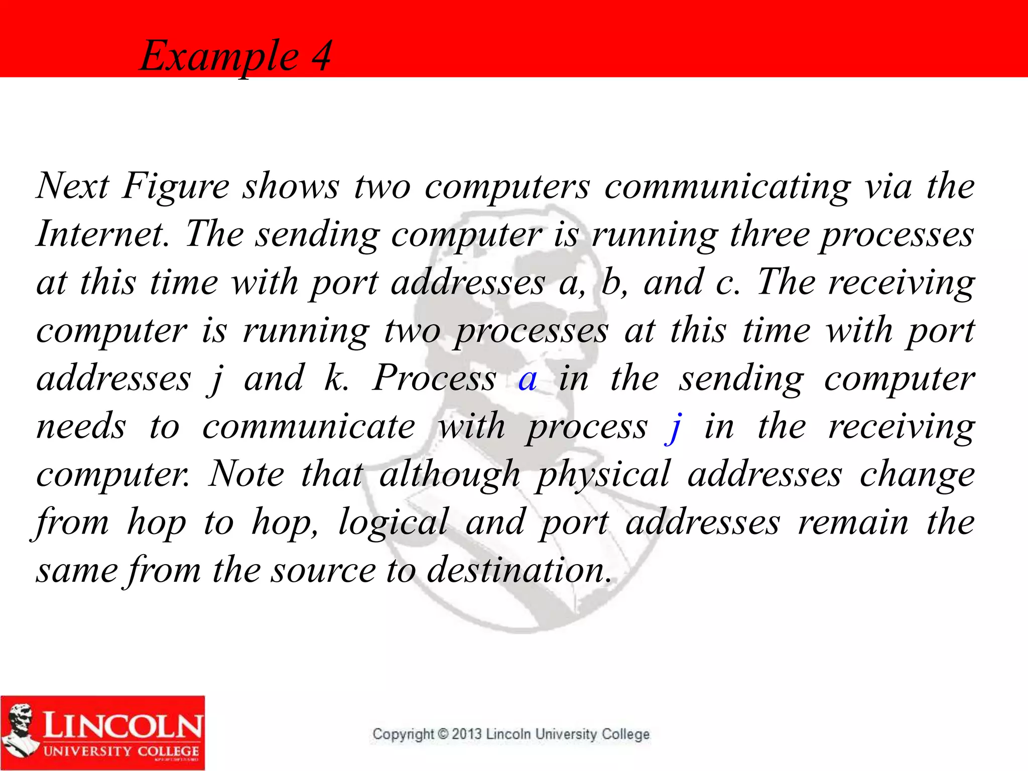 Next Figure shows two computers communicating via the
Internet. The sending computer is running three processes
at this time with port addresses a, b, and c. The receiving
computer is running two processes at this time with port
addresses j and k. Process a in the sending computer
needs to communicate with process j in the receiving
computer. Note that although physical addresses change
from hop to hop, logical and port addresses remain the
same from the source to destination.
Example 4
 