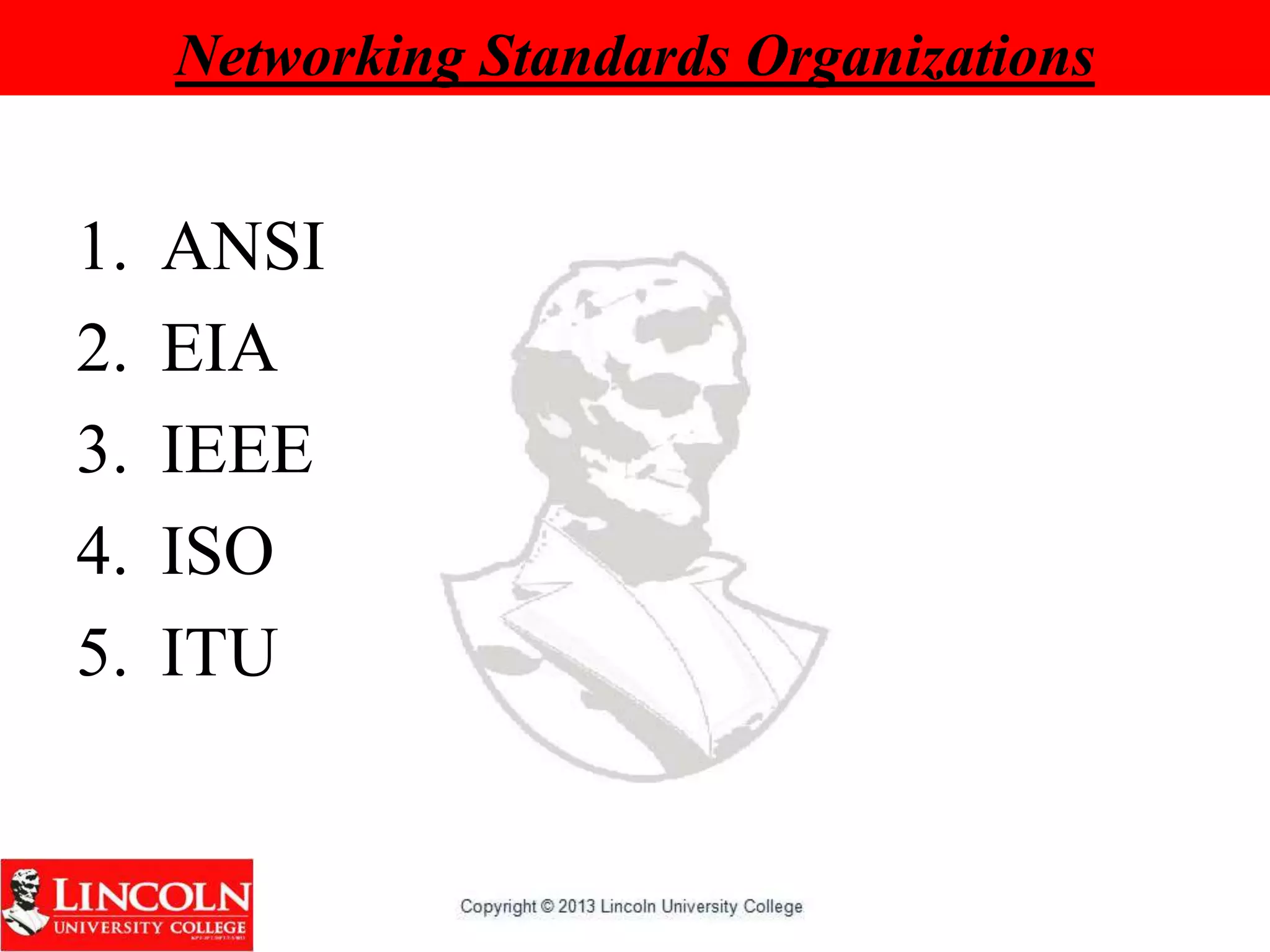 Networking Standards Organizations
1. ANSI
2. EIA
3. IEEE
4. ISO
5. ITU
 