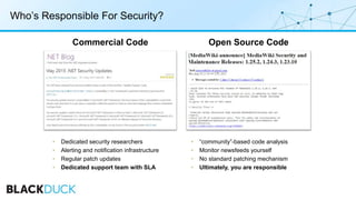 Who’s Responsible For Security?
Commercial Code Open Source Code
• Dedicated security researchers
• Alerting and notificat...