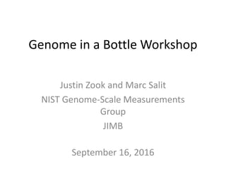 Genome in a Bottle Workshop
Justin Zook and Marc Salit
NIST Genome-Scale Measurements
Group
JIMB
September 16, 2016
 