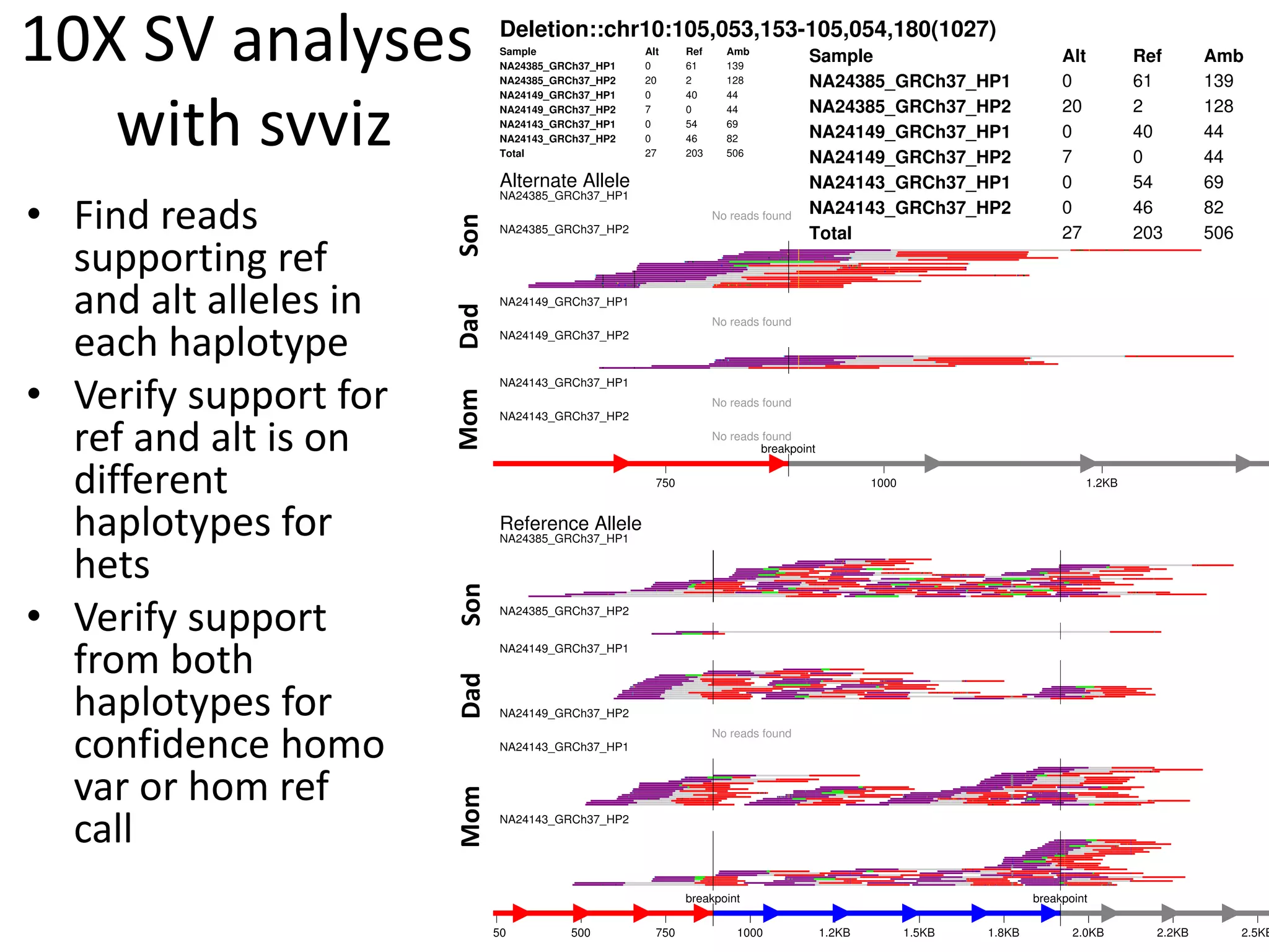 10X SV analyses
with svviz
• Find reads
supporting ref
and alt alleles in
each haplotype
• Verify support for
ref and alt is on
different
haplotypes for
hets
• Verify support
from both
haplotypes for
confidence homo
var or hom ref
call
SonDadMomSonDadMom
 