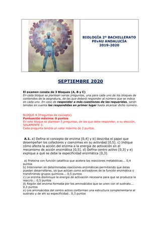Biología PEvAU Andalucía examen septiembre 2020