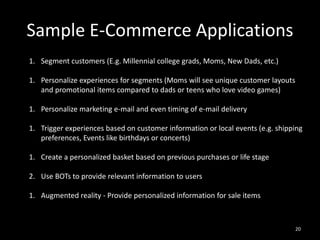 Sample E-Commerce Applications
20
1. Segment customers (E.g. Millennial college grads, Moms, New Dads, etc.)
1. Personaliz...