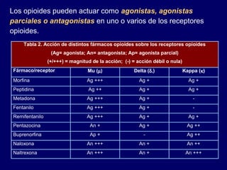 Los opioides pueden actuar como agonistas, agonistas
parciales o antagonistas en uno o varios de los receptores
opioides.
Tabla 2. Acción de distintos fármacos opioides sobre los receptores opioides
(Ag= agonista; An= antagonista; Ap= agonista parcial)
(+/+++) = magnitud de la acción; (-) = acción débil o nula)
Fármaco/receptor Mu (µ) Delta (δ,) Kappa (κ)
Morfina Ag +++ Ag + Ag +
Peptidina Ag ++ Ag + Ag +
Metadona Ag +++ Ag + -
Fentanilo Ag +++ Ag + -
Remifentanilo Ag +++ Ag + Ag +
Pentazocina An + Ag + Ag ++
Buprenorfina Ap + - Ag ++
Naloxona An +++ An + An ++
Naltrexona An +++ An + An +++
 