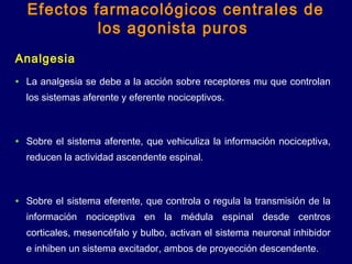 Analgesia
• La analgesia se debe a la acción sobre receptores mu que controlan
los sistemas aferente y eferente nociceptivos.
• Sobre el sistema aferente, que vehiculiza la información nociceptiva,
reducen la actividad ascendente espinal.
• Sobre el sistema eferente, que controla o regula la transmisión de la
información nociceptiva en la médula espinal desde centros
corticales, mesencéfalo y bulbo, activan el sistema neuronal inhibidor
e inhiben un sistema excitador, ambos de proyección descendente.
Efectos farmacológicos centrales de
los agonista puros
 