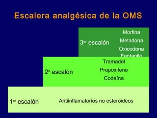 Escalera analgésica de la OMS
3er
escalón
Morfina
Metadona
Oxicodona
Fentanilo
2o
escalón
Tramadol
Propoxifeno
Codeína
1er
escalón Antiinflamatorios no esteroideos
 