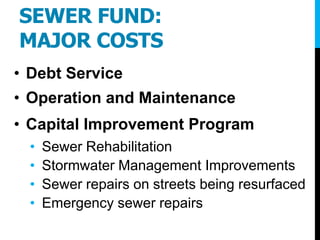 SEWER FUND:
MAJOR COSTS
• Debt Service
• Operation and Maintenance
• Capital Improvement Program
• Sewer Rehabilitation
• Stormwater Management Improvements
• Sewer repairs on streets being resurfaced
• Emergency sewer repairs
 