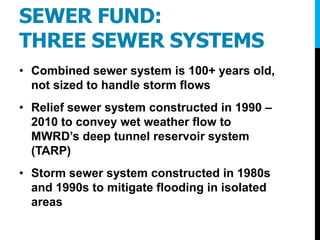 SEWER FUND:
THREE SEWER SYSTEMS
• Combined sewer system is 100+ years old,
not sized to handle storm flows
• Relief sewer system constructed in 1990 –
2010 to convey wet weather flow to
MWRD’s deep tunnel reservoir system
(TARP)
• Storm sewer system constructed in 1980s
and 1990s to mitigate flooding in isolated
areas
 