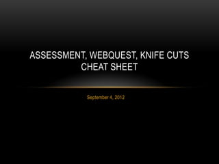 ASSESSMENT, WEBQUEST, KNIFE CUTS
         CHEAT SHEET

           September 4, 2012
 