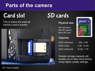 Parts of the camera
Card slot SD cards
This is where the external
memory card is loaded.
Physical size:
SD card (blue)
Mini-SD (green)
Micro-SD (red)
Capacity:
SDSC (Standard) 1 MB - 2 GB
SDHC (High) 2 GB - 32 GB
SDXC (eXtended) 32 GB - 1 TB
Greater storage capacity will
enable you to take more photos
using higher quality settings.
SD = Secure Digital
 