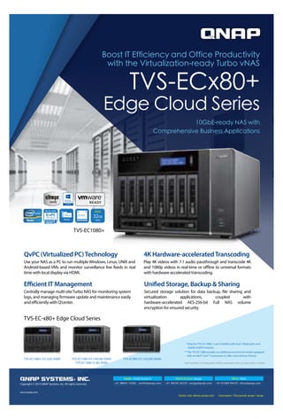 49www.varindia.com September 2015
TVS-EC1080+
Ready
10GbE
MAX
RAM
32GBmSATA
4K2K UHD
QvPC (Virtualized PC)Technology
Use your NAS as a PC to run multiple Windows, Linux, UNIX and
Android-based VMs and monitor surveillance live feeds in real
time with local display via HDMI.
4K Hardware-acceleratedTranscoding
Play 4K videos with 7.1 audio passthrough and transcode 4K
and 1080p videos in real-time or offline to universal formats
with hardware-accelerated transcoding.
Efficient IT Management
Centrally manage multi-siteTurbo NAS for monitoring system
logs, and managing firmware update and maintenance easily
and efficiently with Q’center.
Unified Storage, Backup & Sharing
Secured storage solution for data backup, file sharing and
virtualization applications, coupled with
hardware-accelerated AES-256-bit Full NAS volume
encryption for ensured security.
www.qnap.com
Copyright © 2015 QNAP Systems, Inc. All rights reserved.
TVS-EC-x80+ Edge Cloud Series
TVS-EC1080-E3 (16G/8G RAM)
TVS-EC1080-i3 (8G RAM)
TVS-EC1080+-E3 (32G RAM) TVS-EC880-E3 (16G/8G RAM)
Intel® and Xeon® are trademarks of Intel Corporation in the U.S. and/or other countries.
* Only theTVS-EC1080+ is pre-installed with dual 10GbE ports and
256GB mSATA modules.
**TheTVS-EC1080 provides an additional economical model equipped
with an Intel® Core™ i3 processor to offer users diverse choices.
+91 98843 19285 I amith@qnap.com
South - Amith Kumar G
+91 99530 36535I sanjay@qnap.com
North & East- Sanjay
+91 81089 99435I vikas@qnap.com
West- Vikas
Demo site: demo.qnap.com Username / Password: qnap / qnap
C
M
Y
M
MY
Y
MY
K
15042123_IN_SME-Channels_TVS-x80_20150402.pdf 1 2015/4/22 下午11:06
 