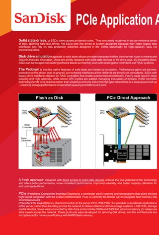 Solid state drives,or SSDs, have caused an identity crisis. They are clearly not drives in the conventional sense
of slow, spinning hard disk drives. Yet SSDs look like drives to system designers because they retain legacy disk
interfaces and rely on disk protection schemes designed in the 1980s specifically for high-capacity, slow I/O
mechanical disks.
Disk drive emulation appeals to solid state silicon providers because it offers the shortest route to market and
requires the least innovation. Disks are simply replaced with solid state devices in the drive bays. By emulating disks,
SSDs can be wedged into existing software stacks so that they work with existing disk controllers and RAID systems.
The Problem is that the native features of solid state are hidden by emulation. Performance gains are blunted,
protection at the silicon level is ignored, and software interfaces at the cell level are simply not considered. SSDs with
legacy drive interfaces depend on RAID controllers that create a performance bottleneck. Heavy loads result in deep
queuing and high latencies, while server CPU cycles are wasted managing thousands of threads. RAID controller
technology tends to be reactive rather than proactive and only kicks into high gear when there is a deep queue built up
– meaning storage performance is best when queuing and latency are poor.
For more information please visit the weblink
https://www.sandisk.com/business/datacenter/products/flash-devices/pcie-flash/sx350
For enquiries please contact India Sales team at DL-OEM-IndiaSales@sandisk.com
© 2015 SanDisk Corporation.All rights reserved. SanDisk is a trademark of SanDisk Corporation, registered in the United States and
other countries. Other brand names mentioned herein are for identification purposes only and may be the trademarks of their
holder(s).
A fresh approach designed with direct access to solid state devices unlocks the true potential of the technology
and offers better performance, more consistent performance, improved reliability, and better capacity utilization for
end user applications.
PCIe (Peripheral Component Interface Express)is a connector port in servers and workstations that gives devices
high speed integration with the system motherboard. PCIe is currently the fastest way to integrate flash memory into
enterprise servers
PCIe offers the lowest latency, direct connection to the server CPU. With PCIe, it is possible to accelerate applications
in the server, rather than traveling across the network to deliver data to and from storage systems. Until PCIe, storage
media like disk drives were connected by disk drive protocols like SATA and SAS that introduce latency (or delays) as
data travels across the network. These protocols were developed for spinning disk drives, and the architectures are
not optimized for maximum efficiency with NAND flash memory.
PCIe NAND Flash gets the RAID controller bottleneck out of the way, giving applications direct and simultaneous
access to flash by performing management via software running on the host (the Virtual Storage Layer). This means
shorter queues and more efficient use of server CPU cycles spent processing requests instead of managing waiting
threads. With PCIe Flash, transaction response times are fast under all workloads with exceptionally low write
latencies, which result in predictable and consistently high performance.
Fusion-IO (now a SanDisk company)is a leading developer of flash-based PCIe hardware and software solutions
that enhance application performance in enterprise and hyperscale datacenters. Over 75% of the Fortune 100 use
solutions form Fusion-io along with internet's hottest companies. Their PCIe solutions are available from major server
providers worldwide.SanDisk acquired Fusion-io in July 2014.
Fusion ioMemory™ SX350 PCIe3.0 x8ApplicationAccelerators with captive NAND solution
The Fusion ioMemory SX350 series, now on SanDisk NAND, is the latest generation of PCIe application accelerators
to offer a scalable and high capacity solution with up to 2.5x – 4x the price/performance benefits over the previous
ioDrive®2 PCIe cards. These PCIe cards are designed for read-intensive application work loads and provide
capacities up to 6.4TB.
Microsoft SQLServer®Acceleration with SanDisk®
Fusion ioMemory solutions implement a non-volatile memory tier that delivers Microsoft SQL Server CPUs the lowest
latency data access by using NAND flash via native PCI Express
Fusion ioMemory solutions provide a drop-in solution that improves Microsoft SQL Server performance for many
configurations, including the following:
• Large data set single-instance Microsoft SQLServer improvement
• Small data set single-instance Microsoft SQLServer entirely on the Fusion ioMemory platform
• High-Availability with Microsoft SQLServer Replication
• Microsoft SQLServer clustering
• Scaling Microsoft SQLServer for web applications
PCIe Application Accelerators
 