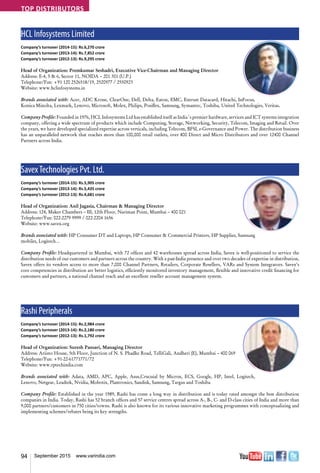 94 September 2015 www.varindia.com
SavexTechnologies Pvt. Ltd.
Company’s turnover (2014-15): Rs.5,905 crore
Company’s turnover (2013-14): Rs.5,435 crore
Company’s turnover (2012-13): Rs.4,681 crore
Head of Organization: Anil Jagasia, Chairman & Managing Director
Address: 124, Maker Chambers – III, 12th Floor, Nariman Point, Mumbai – 400 021
Telephone/Fax: 022-2279 9999 / 022-2204 1656
Website: www.savex.org
Brands associated with: HP Consumer DT and Laptops, HP Consumer & Commercial Printers, HP Supplies, Samsung
mobiles, Logitech…
Company Profile: Headquartered in Mumbai, with 72 offices and 42 warehouses spread across India, Savex is well-positioned to service the
distribution needs of our customers and partners across the country. With a pan-India presence and over two decades of expertise in distribution,
Savex offers its vendors access to more than 7,000 Channel Partners, Retailers, Corporate Resellers, VARs and System Integrators. Savex’s
core competencies in distribution are better logistics, efficiently monitored inventory management, flexible and innovative credit financing for
customers and partners, a national channel reach and an excellent reseller account management system.
Rashi Peripherals
Company’s turnover (2014-15): Rs.2,984 crore
Company’s turnover (2013-14): Rs.2,180 crore
Company’s turnover (2012-13): Rs.1,792 crore
Head of Organization: Suresh Pansari, Managing Director
Address: Ariisto House, 5th Floor, Junction of N. S. Phadke Road, TelliGali, Andheri (E), Mumbai – 400 069
Telephone/Fax: +91-22-61771771/72
Website: www.rptechindia.com
Brands associated with: Adata, AMD, APC, Apple, Asus,Crucuial by Micron, ECS, Google, HP, Intel, Logitech,
Lenovo, Netgear, Leadtek, Nvidia, Mobotix, Plantronics, Sandisk, Samsung, Targus and Toshiba
Company Profile: Established in the year 1989, Rashi has come a long way in distribution and is today rated amongst the best distribution
companies in India. Today, Rashi has 52 branch offices and 57 service centres spread across A-, B-, C- and D-class cities of India and more than
9,000 partners/customers in 750 cities/towns. Rashi is also known for its various innovative marketing programmes with conceptualizing and
implementing schemes/rebates being its key strengths.
HCL Infosystems Limited
Company’s turnover (2014-15): Rs.6,270 crore
Company’s turnover (2013-14): Rs.7,852 crore
Company’s turnover (2012-13): Rs.9,295 crore
Head of Organization: Premkumar Seshadri, Executive Vice-Chairman and Managing Director
Address: E-4, 5 & 6, Sector 11, NOIDA – 201 301 (U.P.)
Telephone/Fax: +91 120 2526518/19, 2520977 / 2550923
Website: www.hclinfosystems.in
Brands associated with: Acer, ADC Krone, ClearOne, Dell, Delta, Eaton, EMC, Entrust Datacard, Hitachi, InFocus,
Konica Minolta, Lexmark, Lenovo, Microsoft, Molex, Philips, Posiflex, Samsung, Symantec, Toshiba, United Technologies, Veritas.
Company Profile: Founded in 1976, HCL Infosystems Ltd has established itself as India´s premier hardware, services and ICT systems integration
company, offering a wide spectrum of products which include Computing, Storage, Networking, Security, Telecom, Imaging and Retail. Over
the years, we have developed specialized expertise across verticals, including Telecom, BFSI, e-Governance and Power. The distribution business
has an unparalleled network that reaches more than 100,000 retail outlets, over 800 Direct and Micro Distributors and over 12400 Channel
Partners across India.
TOP dISTRIBUTORS
 