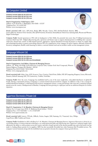 95www.varindia.com September 2015
Compuage Infocom Ltd.
Company’s turnover (2014-15): Rs.2,129 crore
Company’s turnover (2013-14): Rs.2,200 crore
Company’s turnover (2012-13): Rs.1,953 crore (Consolidated)
Head of Organization: Atul Mehta, Chairman & Managing Director
Address: “D” Wing, 601/602& G-601/602,Lotus Corporate Park, Graham Firth Steel Compound, Western
Express Highway, Goregaon (E), Mumbai – 400 063
Telephone/Fax: 022-67114444 / 022-6114445
Website: www.compuageindia.com
Brands associated with: Adata, Asus, AOC,Arcserve, Cisco, Creative, Check Point, Edifier, HP, K7Computing, Kingston, Liteon, Microsoft,
Numeric, Relicell, Samsung, SAP, TE Connectivity, Toshiba, ViewPaker
Company Profile: Over the years, Compuage has established itself as one of the most sought-after, value-added distributors of global IT
brands. Having a nationwide presence, Compuage is a system-oriented and process-driven company. In addition to this, it has a strong IT-
enabled distribution backbone, a solid financial and inventory management system, a young and dynamic sales team and a committed channel
spread across the country. Headquartered in Mumbai, Compuage has been growing at a rapid pace and has an ambitious blueprint for further
expansion.
Supertron Electronics Private Ltd
Company’s turnover (2014-15): Rs.1,948 crore
Company’s turnover (2013-14): Rs.1,554 crore
Company’s turnover (2012-13): Rs.1,407 crore
Head Of Organization: V. K. Bhandari, Chairman & Managing Director
Address: No. 2, Cooper Lane, Off R. N. Mukherjee Road, Kolkata – 700 001
Telephone/Fax: +91-33 40371000 / ++91 -33 40371099
Website: www.supertronindia.com
Brands associated with: Lenovo, TP-Link, ASRock, Genius, Seagate, Dell, Samsung, LG, Transcend, Acer, Philips,
CyperPower, IBM, Toshiba and Gionee
Company Profile: Established in 1993 in Kolkata by V. K. Bhandari, Chairman & Managing Director, Supertron Electronics is driven by an
overarching mission to bring world-class technology to an under-penetrated India and empowering users. Supertron's enhanced supply chain
efficiencies, the ability to reach products across the country and scale a brand's growth in the shortest possible time and at the lowest cost has
made it a leading alliance partner for its suppliers. SEPL has also successfully diversified into other businesses like IT-enabled services. The
company's newest businesses along with the established ones are poised to become the company's future growth drivers.
Iris Computers Limited
Company’s turnover (2014-15): Rs.2,573 crore
Company’s turnover (2013-14): Rs.2,121 crore
Company’s turnover (2012-13): Rs.1,723 crore
Head of Organization: Vishal Sopory, CEO
Address: A-155, Road No. 4, Mahipalpur, New Delhi – 110 037
Telephone/Fax: 91-11-2678 2505
Website: www.iriscomputers.net
Brands associated with: Acer, APC,Ateis, BenQ, BPE, Brocade, Canon, Dell, Hewlett-Packard, Huawei, IBM,
Lenovo,Mircom, Numeric Power Systems, Obi, QNAP Systems, Strontium, SistemaShyam Teleservices, Samsung India, Wacom and Western
Digital Technologies
Company Profile: Started operations in 1996 with its headquarter in New Delhi, Iris presently have more than 35 billing locationsacross
countries which have full – fledged offices having sales, operations and finance team to support channel partners in fulfilling their customer
orders.Our channel base consists of 2500 channel partners, aggregators, regional distributors & large SI partners to whom we supply high
end technological products to passive networking solutions.The core competencies of the company are better Logistics, efficiently monitored
Inventory management, flexible credit financing for dealers, a national channel reach and an excellent reseller account management system.
 