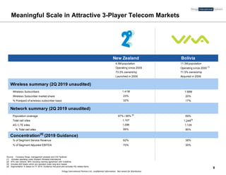 Trilogy International Partners Inc. confidential information. Not meant for distribution
Meaningful Scale in Attractive 3-Player Telecom Markets
Source: Company filings, management analysis and CIA Factbook
[1] Includes operating under Western Wireless International
[2] 97% own network, 99% including roaming agreement with Vodafone
[3] Includes 400 towers which are operated under long term leases
[4] Segmentation % based on FY 2019 Guidance mid-point and excludes HQ related items
.
8
Bolivia
11.3M population
Operating since 2000
[1]
71.5% ownership
Acquired in 2006
Wireless summary (2Q 2019 unaudited)
Wireless Subscribers 1.99M
Wireless Subscriber market share 20%
% Postpaid of wireless subscriber base 17%
Network summary (2Q 2019 unaudited)
Population coverage 69%
Total cell sites 1,248[3]
4G / LTE sites 1,129
% Total cell sites 90%
Concentration[4]
(2019 Guidance)
% of Segment Service Revenue 38%
% of Segment Adjusted EBITDA 30%
62%
70%
99%
32%
97% / 99%
[2]
1,107
1,096
1.41M
23%
New Zealand
4.5M population
Operating since 2009
73.3% ownership
Launched in 2009
 