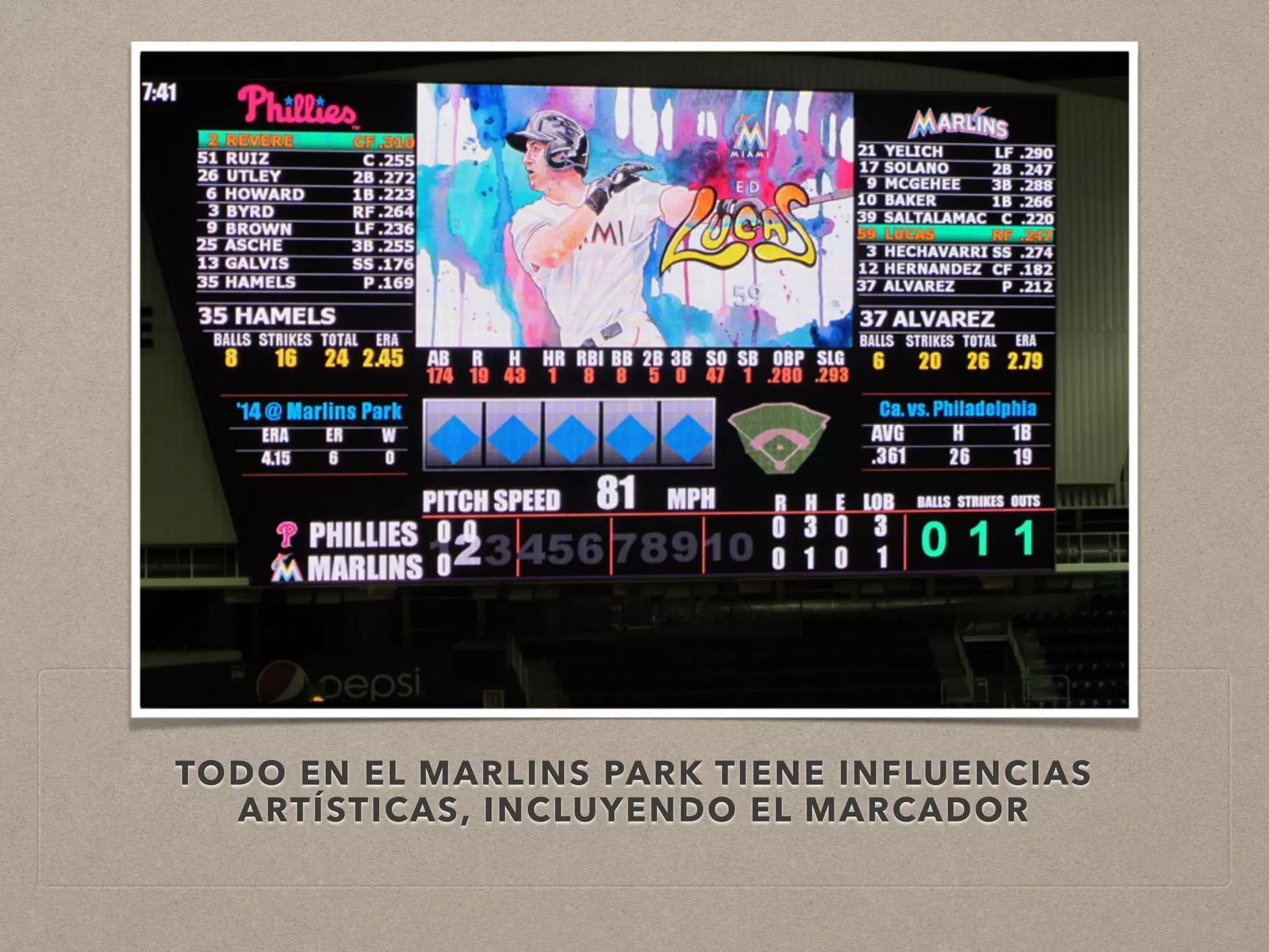 TODO EN EL MARLINS PARK TIENE INFLUENCIAS 
ARTÍSTICAS, INCLUYENDO EL MARCADOR 
 