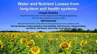 Water and Nutrient Losses from
long-term soil health systems
Vinayak Shedekar
Research Scientist, Dept. of Food, Agricultural and Biological Engineering
The Ohio State University, Columbus, Ohio
Will Osterholz
Research Soil Scientist, USDA-ARS Soil Drainage Research Unit, Columbus, Ohio
Michael Brooker, Nathan Stoltzfus, Chris McNabb, Will Osterholz, Margaret Kalcic,
Jay Martin, Jed Stinner, Kevin King, Greg LaBarge
 