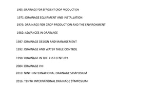 1965: DRAINAGE FOR EFFICIENT CROP PRODUCTION
1971: DRAINAGE EQUIPMENT AND INSTALLATION
1982: ADVANCES IN DRAINAGE
1976: DRAINAGE FOR CROP PRODUCTION AND THE ENVIRONMENT
1987: DRAINAGE DESIGN AND MANAGEMENT
1992: DRAINAGE AND WATER TABLE CONTROL
1998: DRAINAGE IN THE 21ST CENTURY
2004: DRAINAGE VIII
2010: NINTH INTERNATIONAL DRAINAGE SYMPOSIUM
2016: TENTH INTERNATIONAL DRAINAGE SYMPOSIUM
 