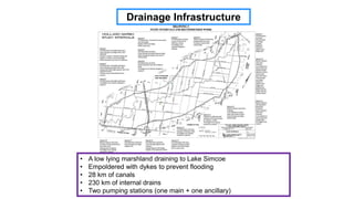 • A low lying marshland draining to Lake Simcoe
• Empoldered with dykes to prevent flooding
• 28 km of canals
• 230 km of internal drains
• Two pumping stations (one main + one ancillary)
Drainage Infrastructure
 