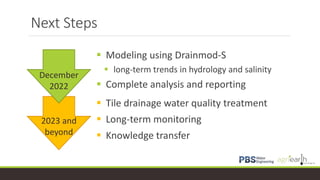 2023 and
beyond
Next Steps
 Tile drainage water quality treatment
 Long-term monitoring
 Knowledge transfer
December
2022
 Modeling using Drainmod-S
 long-term trends in hydrology and salinity
 Complete analysis and reporting
 