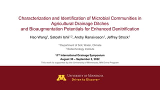 Characterization and Identification of Microbial Communities in
Agricultural Drainage Ditches
and Bioaugmentation Potentials for Enhanced Denitrification
11th International Drainage Symposium
August 30 – September 2, 2022
This work is supported by the University of Minnesota, MN Drive Program
Hao Wang1, Satoshi Ishii1,2, Andry Ranaivoson1, Jeffrey Strock1
1 Department of Soil, Water, Climate
2 Biotechnology Institute
 