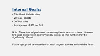 Internal Goals:
• $5 million initial allocation
• 20 Total Projects
• 30 Total Miles
• Average cost of $30 per foot
Note: These internal goals were made using the above assumptions. However,
two-stage ditch projects can vary greatly in cost, so final numbers may be
significantly different.
Future signups will be dependent on initial program success and available funds.
 