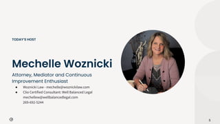 Attorney, Mediator and Continuous
Improvement Enthusiast
5
Mechelle Woznicki
TODAY’S HOST
● Woznicki Law - mechelle@woznic...