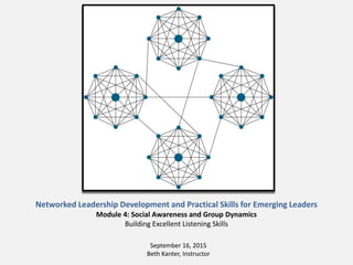 Networked Leadership Development and Practical Skills for Emerging Leaders
Module 4: Social Awareness and Group Dynamics
Building Excellent Listening Skills
September 16, 2015
Beth Kanter, Instructor
 