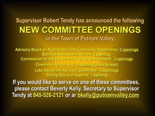 Supervisor Robert Tendy hhaass aannnnoouunncceedd tthhee ffoolllloowwiinngg 
NNEEWW CCOOMMMMIITTTTEEEE OOPPEENNIINNGGSS 
iinn tthhee TToowwnn ooff PPuuttnnaamm VVaalllleeyy:: 
AAddvviissoorryy BBooaarrdd oonn AArrcchhiitteeccttuurree aanndd CCoommmmuunniittyy AAppppeeaarraannccee:: 22 ooppeenniinnggss 
BBooaarrdd ooff AAsssseessssmmeenntt RReevviieeww:: 11 ooppeenniinngg 
CCoommmmiissssiioonn ffoorr tthhee CCoonnsseerrvvaattiioonn ooff tthhee EEnnvviirroonnmmeenntt:: 33 ooppeenniinnggss 
CCoommmmiitttteeee ffoorr tthhee AArrttss:: 11 ooppeenniinngg ((CChhaaiirrppeerrssoonn)) 
LLaakkee OOssccaawwaannaa AAddvviissoorryy CCoommmmiitttteeee:: 44 ooppeenniinnggss 
ZZoonniinngg BBooaarrdd ooff AAppppeeaallss:: 11 ooppeenniinngg 
IIff yyoouu wwoouulldd lliikkee ttoo sseerrvvee oonn oonnee ooff tthheessee ccoommmmiitttteeeess,, 
pplleeaassee ccoonnttaacctt BBeevveerrllyy KKeellllyy,, SSeeccrreettaarryy ttoo SSuuppeerrvviissoorr 
TTeennddyy aatt 884455--552266--22112211 oorr aarr bbkkeellllyy@ppuuttnnaammvvaalllleeyy..ccoomm 
 