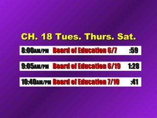 CH. 1188 TTuueess.. TThhuurrss.. SSaatt.. 
88::0000AAMM//PPMM BBooaarrdd ooff EEdduuccaattiioonn 66//77 ::5599 
99 : 0 55AAMM//PPMM BBooaarrdd ooff EEdduuccaattiioonn 66//1199 11::2288 
11 0 :: 4400AAMM//PPMM BBooaarrdd ooff EEdduuccaattiioonn 77//1100 ::4411 
 