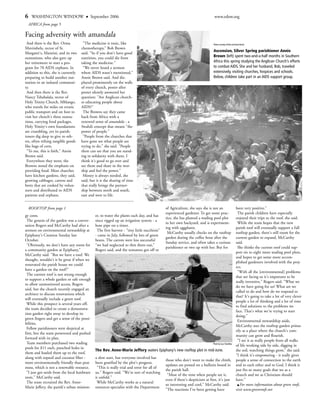 6    WASHINGTON WINDOW                     September 2006                                                                      www.edow.org
    AFRICA from page 5

Facing adversity with amandala
 And there is the Rev. Orma           "The medicine is toxic, like                                                            Photos courtesy of Bob and Annie Brown
Mavimbela, rector of St.             chemotherapy," Bob Brown
                                                                                                                              Ascension, Silver Spring parishioner Annie
Margaret's, Manzini, and its two     said. "So if you don't have good
outstations, who also gave up        nutrition, you could die from                                                            Brown (left) spent two-and-a-half months in Southern
her retirement to start a pro-       taking the medicine."                                                                    Africa this spring studying the Anglican Church’s efforts
gram for 70 AIDS orphans. In          "We never heard a sermon                                                                to combat AIDS. She and her husband, Bob, traveled
addition to this, she is currently   where AIDS wasn't mentioned,"                                                            extensively, visiting churches, hospices and schools.
preparing to build another out-      Annie Brown said. And dis-                                                               Below, children take part in an AIDS support group.
station in an isolated communi-      played prominently on the walls
ty.                                  of every church, poster after
 And then there is the Rev.          poster silently answered her
Nancy Tshabalala, rector of          question: "Are Anglican church-
Holy Trinity Church, Mblango,        es educating people about
who travels for miles on erratic     AIDS?"
public transport and on foot to       The Browns say they came
visit her church's three outsta-     back from Africa with a
tions, carrying food packages.       renewed sense of amandala - a
Holy Trinity's own foundations       Swahili concept that means "the
are crumbling, yet its parish-       power of people."
ioners dig deep to give to oth-       "People from the churches that
ers, often tithing tangible goods    have gone see what people are
like bags of corn.                   trying to do," she said. "People
 "To me, this is faith," Annie       there can see that you are stand-
Brown said.                          ing in solidarity with them. I
 Everywhere they went, the           think it's good to go over and
Browns noted the emphasis on         see them and share in the wor-
providing food. Most churches        ship and feel the power."
have kitchen gardens, they said,      Money is always needed, she
growing cabbages, carrots and        said, but it is the sharing of time
beets that are cooked by volun-      that really brings the partner-
teers and distributed to AIDS        ship between north and south,
patients and orphans.                east and west to life.


    ROOFTOP from page 1                                                                      of Agriculture, she says she is not an                      been very positive."
                                                                                             experienced gardener. To get some prac-                      The parish children have especially
gy costs.                                     er, to water the plants each day, and has
                                                                                             tice, she has planted a wading pool plot                    enjoyed their trips to the roof, she said.
 The genesis of the garden was a conver-      since rigged up an irrigation system - a
                                                                                             in her own backyard, and is experiment-                      While the team hopes that the new
sation Rogers and McCarthy had after a        hose pipe on a timer.
                                                                                             ing with eggplants.                                         parish roof will eventually support a full
sermon on environmental stewardship at         The first harvest - "tiny little zucchinis"
                                                                                              McCarthy usually checks on the rooftop                     rooftop garden, there's still room for the
Epiphany's Creation Sunday last               - came in July, followed by lots of green
                                                                                             garden during the coffee hour after the                     current garden to expand, McCarthy
October.                                      beans. The carrots were less successful
                                                                                             Sunday service, and often takes a curious                   said.
 "Obviously, we don't have any room for       "we had neglected to thin them out,"
                                                                                             parishioner or two up with her. But for                      She thinks the current roof could sup-
a community garden at Epiphany,"              Rogers said, and the tomatoes got off to
                                                                                                                                                         port six to eight more wading pool plots,
McCarthy said. "But we have a roof. We
                                                                                                                                                         and hopes to get some more accom-
thought, wouldn't it be great if when we
                                                                                                                                                         plished gardeners involved with the proj-
renovated the parish house we could
                                                                                                                                                         ect.
have a garden on the roof?"
                                                                                                                                                          "With all the [environmental] problems
 The current roof is not strong enough
                                                                                                                                                         that are facing us it's important to be
to support a whole garden or safe enough
                                                                                                                                                         really inventive," Rogers said. "What we
to allow unmonitored access, Rogers
                                                                                                                                                         do we have going for us? What are we
said, but the church recently engaged an
                                                                                                                                                         called to do and how do we respond to
architect to discuss renovations which
                                                                                                                                                         that? It's going to take a lot of very clever
will eventually include a green roof.
                                                                                                                                                         people a lot of thinking and a lot of time
 While this prospect is several years off,
                                                                                                                                                         to find solutions to the problems we
the team decided to create a demonstra-
                                                                                                                                                         face. That's what we're trying to start
tion garden right away to develop its
                                                                                                                                                         doing."
green fingers and get a sense of the possi-
                                                                                                                                                          Environmental stewardship aside,
bilities.
                                                                                                                                                         McCarthy sees the rooftop garden prima-
 Fellow parishioners were skeptical at
                                                                                                                                                         rily as a place where the church's com-
first, but the team persevered and pushed
                                                                                                                                                         munity can grow and flourish.
forward with its plan.
                                                                                                                                                          "I see it as really people from all walks
 Team members purchased two wading                                                                                            Photo by Lucy Chumbley
                                                                                                                                                         of life working side by side, digging in
pools for $11 each, punched holes in
                                              The Rev. Anne-Marie Jeffery waters Epiphany’s new rooftop plot in mid-June.                                the soil, watching things grow," she said.
them and hauled them up to the roof,
                                                                                                                                                         "I think it's empowering - it really gives
along with topsoil and coconut fiber -        a slow start, but everyone involved has
                                                                                             those who don't want to make the climb,                     people a sense of connection to the earth
more environmentally friendly than peat       been gratified by the plot's progress.
                                                                                             updates are posted on a bulletin board in                   and to each other and to God. I think it
moss, which is not a renewable resource.       "This is really trial and error for all of
                                                                                             the parish hall.                                            just fits so many goals that we as a
 "I just got seeds from the local hardware    us," Rogers said. "We're sort of watching
                                                                                              "Most of the time when people see it,                      church and we as Christians should
store," McCarthy said.                        it unfold."
                                                                                             even if there's skepticism at first, it's just              have."
 The team recruited the Rev. Anne-             While McCarthy works as a natural
                                                                                             so interesting and cool," McCarthy said.                       For more information about green roofs,
Marie Jeffery, the parish's urban mission-    resources specialist with the Department
                                                                                             "The reactions I've been getting have                       visit www.greenroofs.net
 