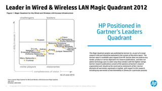 © Copyright 2012 Hewlett-Packard Development Company, L.P. The information contained herein is subject to change without notice.4
Leader in Wired & Wireless LAN Magic Quadrant 2012
Source: Gartner Magic Quadrant for Wired and Wireless LAN Infrastructure Magic Quadrant
June, 2012
ID Number: G00234282
HP Positioned in
Gartner’s Leaders
Quadrant
This Magic Quadrant graphic was published by Gartner Inc. as part of a larger
research note and should be evaluated in the context of the entire report. The
Gartner report is available upon request from HP. Gartner does not endorse any
vendor, product or service depicted in its research publications, and does not
advise technology users to select only those vendors with the highest ratings.
Gartner research publications consist of the opinionsof Gartner's research
organizationand should not be construed as statements of fact. Gartner
disclaims all warranties, expressed or implied, with respect to this research,
includingany warranties of merchantability or fitness for a particular purpose.
 