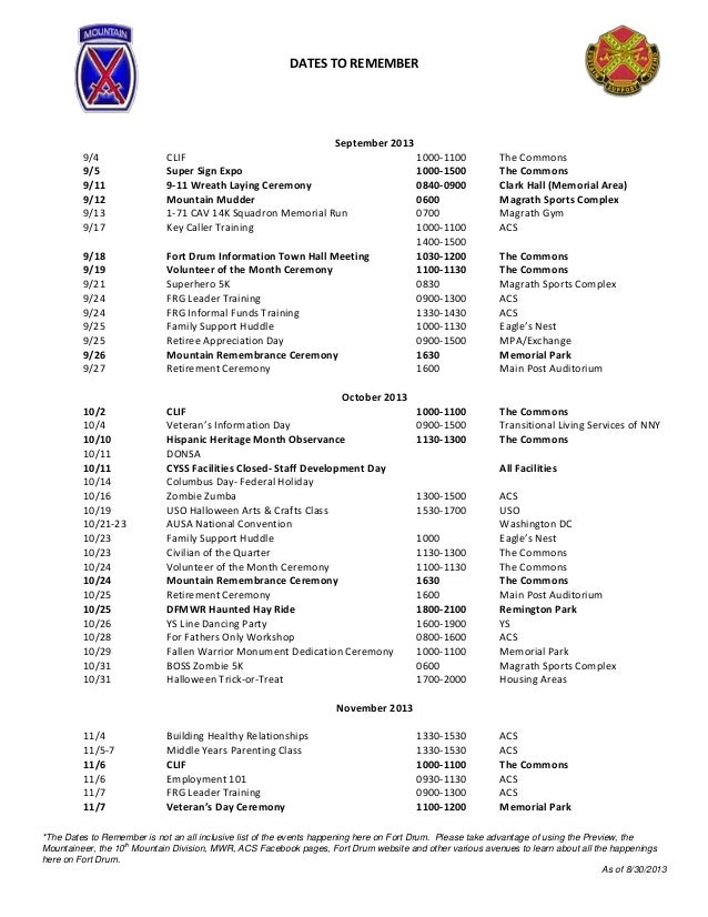 Dates to Remember from CLIF September 2013