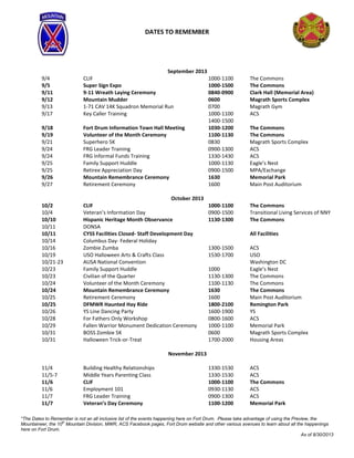 *The Dates to Remember is not an all inclusive list of the events happening here on Fort Drum. Please take advantage of using the Preview, the
Mountaineer, the 10th
Mountain Division, MWR, ACS Facebook pages, Fort Drum website and other various avenues to learn about all the happenings
here on Fort Drum.
As of 8/30/2013
DATES TO REMEMBER
September 2013
9/4 CLIF 1000-1100 The Commons
9/5 Super Sign Expo 1000-1500 The Commons
9/11 9-11 Wreath Laying Ceremony 0840-0900 Clark Hall (Memorial Area)
9/12 Mountain Mudder 0600 Magrath Sports Complex
9/13 1-71 CAV 14K Squadron Memorial Run 0700 Magrath Gym
9/17 Key Caller Training 1000-1100 ACS
1400-1500
9/18 Fort Drum Information Town Hall Meeting 1030-1200 The Commons
9/19 Volunteer of the Month Ceremony 1100-1130 The Commons
9/21 Superhero 5K 0830 Magrath Sports Complex
9/24 FRG Leader Training 0900-1300 ACS
9/24 FRG Informal Funds Training 1330-1430 ACS
9/25 Family Support Huddle 1000-1130 Eagle’s Nest
9/25 Retiree Appreciation Day 0900-1500 MPA/Exchange
9/26 Mountain Remembrance Ceremony 1630 Memorial Park
9/27 Retirement Ceremony 1600 Main Post Auditorium
October 2013
10/2 CLIF 1000-1100 The Commons
10/4 Veteran’s Information Day 0900-1500 Transitional Living Services of NNY
10/10 Hispanic Heritage Month Observance 1130-1300 The Commons
10/11 DONSA
10/11 CYSS Facilities Closed- Staff Development Day All Facilities
10/14 Columbus Day- Federal Holiday
10/16 Zombie Zumba 1300-1500 ACS
10/19 USO Halloween Arts & Crafts Class 1530-1700 USO
10/21-23 AUSA National Convention Washington DC
10/23 Family Support Huddle 1000 Eagle’s Nest
10/23 Civilian of the Quarter 1130-1300 The Commons
10/24 Volunteer of the Month Ceremony 1100-1130 The Commons
10/24 Mountain Remembrance Ceremony 1630 The Commons
10/25 Retirement Ceremony 1600 Main Post Auditorium
10/25 DFMWR Haunted Hay Ride 1800-2100 Remington Park
10/26 YS Line Dancing Party 1600-1900 YS
10/28 For Fathers Only Workshop 0800-1600 ACS
10/29 Fallen Warrior Monument Dedication Ceremony 1000-1100 Memorial Park
10/31 BOSS Zombie 5K 0600 Magrath Sports Complex
10/31 Halloween Trick-or-Treat 1700-2000 Housing Areas
November 2013
11/4 Building Healthy Relationships 1330-1530 ACS
11/5-7 Middle Years Parenting Class 1330-1530 ACS
11/6 CLIF 1000-1100 The Commons
11/6 Employment 101 0930-1130 ACS
11/7 FRG Leader Training 0900-1300 ACS
11/7 Veteran’s Day Ceremony 1100-1200 Memorial Park
 