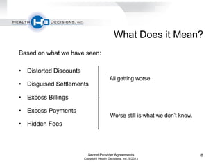 What Does it Mean?
Based on what we have seen:
• Distorted Discounts
• Disguised Settlements
• Excess Billings
• Excess Payments
• Hidden Fees
Secret Provider Agreements
Copyright Health Decisions, Inc. 9/2013
8
All getting worse.
Worse still is what we don’t know.
 
