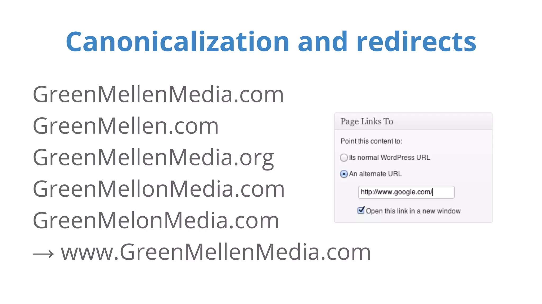 Canonicalization and redirects 
GreenMellenMedia.com 
GreenMellen.com 
GreenMellenMedia.org 
GreenMellonMedia.com 
GreenMelonMedia.com 
→ www.GreenMellenMedia.com 
 